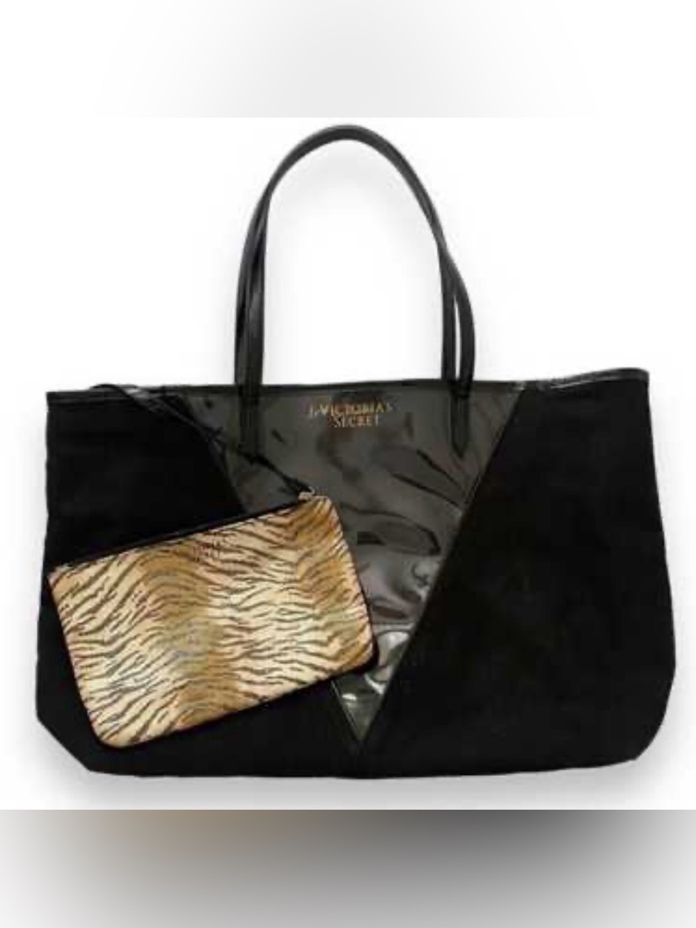 Victoria's Secret Black Shimmer Tote with Tiger-Print Pouch
